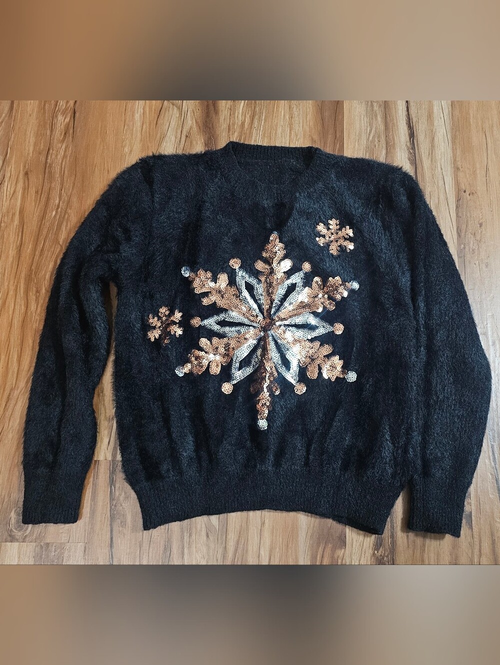 Cozy Black Sequin Snowflake Sweater XS